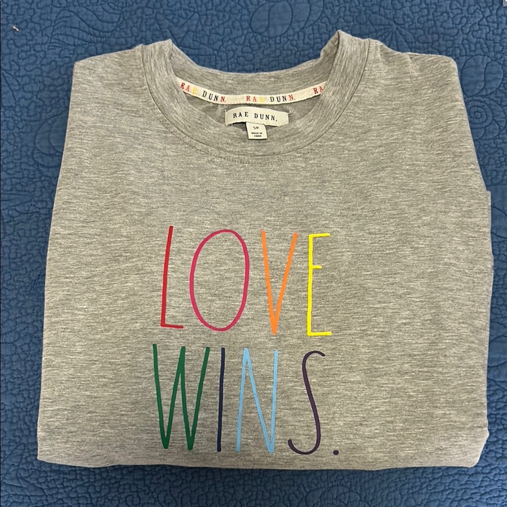 Rae Dunn Heather Gray Sweatshirt with Colorful 'Love Wins' Print